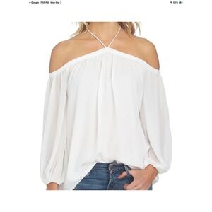 1.STATE Blouse Off The Shoulder Halter M White Chiffon Balloon Sleeve RN 51323